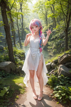 (best quality),(masterpiece:1.1),(extremely detailed CG unity wallpaper:1.1), (colorful cloth :1.3),(panorama shot:1.4),looking at viewer, from above, high res, detailed face, detailed eyes, 1 girl, solo, short-bob roughtly cut and two braided hair-bangs tied behind her head, cute hairstyle, full body, mountain forest , outdoors, (perfect fingers :1.4), perfect face, five fingers for each hand, (photo shoot pose :1.4), fantasy,Exquisite face