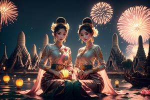 (((Night:1.5))), (Wat Arun Thailand:1.5), (Chao Phraya River:1.4), (best quality, ultra-detailed, 8K),beautiful face, 1 girl, solo, (detailed face:1.2), (floating a Krathong on the river:1.5),
 (detailed background), (masterpiece:1.2), (ultra detailed), intricate, photography art, (gradients), colorful, detailed landscape, (realistic, illustration :1.2), cgi art, (((fireworks and lanterns background))),  UHD), brilliant color, rim light, Floating basket,  Sit nearby river, ((extra wide shot))

(Celebrating Loy Krathong in Thailand:1.5), (full moon:1.4), The sky is filled with beautiful lanterns ,Loy Krathong Festival, (Loy Krathong),

(Perfect shadow, perfect lighting),  ((bombshell hair or bun hair with bangs)), brown hair, rosy skin, perfect anatomy, perfect fingers, (angle below:1.4), cinematic, romanticism ,
((Purple-pink color, layers thai traditional dress)), 
(Lotus :1.3), (pink and purple sabai),(jewelry:1.2), (linekanok pattern:1.25), dress,  (((long sleeve)) ,linevichit, dark tone Dress, sabai, (Sabai:1.6), Sabai,Extremely Realistic, night sky view background,Thai Dress,Sabai,moon,sitting moon,floating lantern,