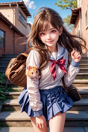 (perfect face), top quality, (official art :1.2), UHD, HDR, 16K, 8K, vivid color, (high quality:1.3), (masterpiece, best quality:1.4), (ultra detailed, ultra highres), sharp focus, extremely detailed CG, cute hair style (illustration:1.2), (photorealisitc :1.37), high contrast, colorful, ((school uniform)) ,stairs, brown hair, outdoors, skirt, socks, bag, long hair, (have lunchtime:1.2), shoes, brown eyes, pleated skirt, black socks, cloud, school bag, loafers, looking at viewer, wind, neckerchief, long sleeves, kneehighs, sailor collar, sky, bangs, white shirt, shirt, hair ribbon, black skirt, railing, brown footwear, hair tucking, petals, leaf, ribbon ,slender hands, (extremely beautiful, super cute:1.3), (detailed face, rosy skin, perfect eyes, detailed pupil), (cute Hamster:1.4), mandarin orange, dusk, duck toy, adorable, 1girl, solo, (smile), nice hands, perfect five fingers, (dynamic action pose :1.2), (looking at camera:1.3), intricate details, (detailed high school background :1.4) ,Charm of beauty,photorealistic,girl