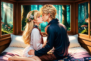 (Anime :1.4), realistic, picture of a (girl and a boy kissing on the bed), blonde boy, sitting on the bed, close up,  cheek hold,  faces close, holding face, cheek carassing, blushing, innocent, beautiful kiss, sweet, caring, cute, passionate,  intimate,  love,  positive,  jewerly, casual cozy room, close up,  full body, great anatomy, perfect body, casual hippie attire,  relaxed, mandalas, fantasy shapes and waves, colorful, mushroom decoration, good proportions, smooth skin, window with forest, (dynamic angle), beautiful light, high contrast, highly detailed, 4k, 8k, HD, crispy, masterpiece, digital art, beautiful,  high focus, very warm tones, (Beautifully Detailed Face and Fingers), (Five Fingers for Each Hand), (5fingers, detailed hand:1.2), (fine fingers, real hands, real fingers :1.5) ,brown eyes,sexy scenery, topless,GyokaiOnonoimokoStyle