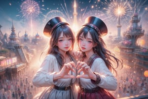 (best quality),(masterpiece:1.1),(extremely detailed CG unity wallpaper:1.1), (colorful:1.2),(panorama shot:1.4),looking at viewer,from above,2 girls ,15yo, (Disney cosplay :1.4), (Disney land Tokyo background :1.4), adorable hair, fun, smile, flowers (innocent grey), 16K, UHD, HDR, rose, twilight, perfect shadow, (perfect fingers :1.4), perfect face, five fingers for each hand, (heart hands pose :1.4), FANTASY ,beehive fireworks