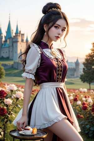 high resolution, (1 girl 15 years old), solo, ((extra wide shot)), Waist up portrait, (long hair:1.6), (hair bun), garnet hair color, purple eyes, (ultra detailed), High quality shadow, 4K, ((beautiful face)), beautiful body, (beauty skin), best quality, ((masterpiece)), vintage end table, (Full fry breakfast on sunny morning food), (vintage tea cup with hot tea with steamed), extremely detailed cg, suggestive, (intricate details: 1.3), slim waist, (high quality wear and cloth), Ruffle Pleated Chiffon taffy dress, realistic, illustration, (outdoor), peacock, look at viewer, best ratio four finger and one thumb, ((behind view:1.6)), (sunrise in the field),  ((arctic cloth color)), quality hand, High quality texture, a realistic representation of the face, (lie face down: 1.4), clear light, Red and peach roses in gold flower, ((an ancient fantasy city and castle background)), (Beautiful and clean nails), pearls, ornament