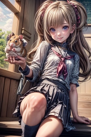 (perfect face), top quality, (official art :1.2), UHD, HDR, 16K, 8K, vivid color, (high quality:1.3), (masterpiece, best quality:1.4), (ultra detailed, ultra highres), sharp focus, extremely detailed CG, cute hair style (illustration:1.2), (photorealisitc :1.37), high contrast, colorful, ((school uniform)) ,stairs, brown hair, long hair, brown eyes, pleated skirt, socks, cloud, school bag, loafers, looking at viewer, wind, neckerchief, long sleeves, kneehighs, sailor collar, sky, bangs, hair ribbon, railing, brown footwear, hair tucking, petals, leaf, ribbon ,slender hands, (extremely beautiful, super cute:1.3), (detailed face, rosy skin, perfect eyes, detailed pupil), (cute Hamster:1.4), mandarin orange, dusk, duck toy, adorable, 1girl, solo, (smile), (dynamic action pose :1.2), (looking at camera:1.3), intricate details, (high school detail background, school interior :1.4) ,Charm of beauty,cute_girl