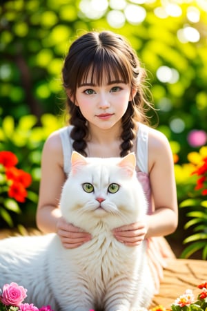 Masterpiece, beautiful details, perfect focus, 8K, high resolution, exquisite texture in every detail, 1girl, solo, looking at viewer, blush, smile, bangs, blue eyes, hair ornament, purple hair, hair rings, twin braids, hair flower, hair ribbon, hair between eyes, (best quality,ultra-detailed,cute animals,vivid colors,soft lighting,digital illustration,fluffy fur,playful expressions,adorable poses,dreamy atmosphere, colorful surroundings), (art by Makoto :1.5), digital art, child, cute cat, 16K, cool wallpaper, things, jasmine, pillows, clutter, toy, basket, wood, pot, can, copper, garden yard, smile, sharp focus, HDR,Add more details