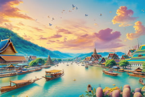 (1girl :1.5), front shot, adorable, (ultra detailed, ultra highres), (masterpiece, top quality, best quality, official art :1.4), (high quality:1.3), cinematic, wide shot, (muted colors, dim colors), A whimsical cityscape under a bright blue sky with fluffy clouds and butterflies. The city features traditional wooden buildings and a fantastical structure that combines a castle, a pagoda, (and a Ferris wheel). The colors are vibrant and detailed. (Thailand culture :1.4), 4k, Ghiblism2-Ghibli, GhiblismDetailed2, Ghiblismkw2 extremely detailed CG, photorealistic,Pastel color,flower