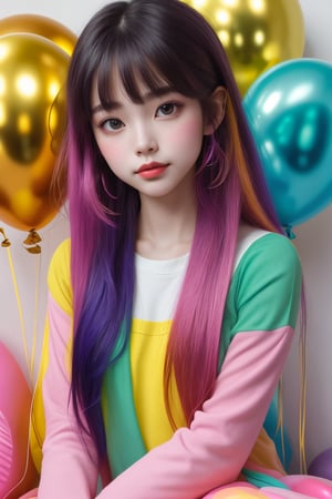 masterpiece, best quality, incredibly absurdres, 1girl, multiple colorful balloon, sitting, happy, closed mouth, casual outfit, very long hair, multi colored hair, confetti, upper body, bangs
