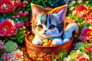 (best quality,ultra-detailed,cute animals,vivid colors,soft lighting,digital illustration,fluffy fur,playful expressions,adorable poses,dreamy atmosphere,colorful surroundings), (art by Makoto :1.5), digital art, child, cute cat, 16K, cool wallpaper, things, flowers, pillows, clutter, toy, basket, wood, pot, can copper, garden yard, circle face, smile, sharp focus, HDR,Cosplay