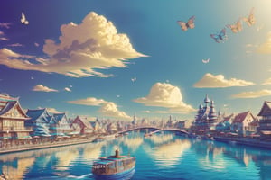 (1girl :1.5), front shot, adorable, (ultra detailed, ultra highres), (masterpiece, top quality, best quality, official art :1.4), (high quality:1.3), cinematic, wide shot, (muted colors, dim colors), A whimsical cityscape under a bright blue sky with fluffy clouds and butterflies. The city features traditional wooden buildings and a fantastical structure that combines a castle, a pagoda, (and a Ferris wheel). The colors are vibrant and detailed. 4k, Ghiblism2-Ghibli, GhiblismDetailed2, Ghiblismkw2 extremely detailed CG, photorealistic,Anitoon2,Pastel color