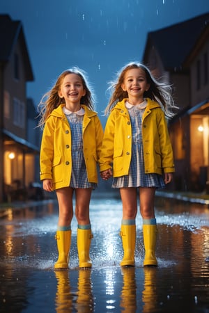ultra detailed, (masterpiece, top quality, best quality, official art, beautiful face:1.2), (photorealistic:1.37), UHD, HDR, 16K, 8K, beautiful girl, sharp focus, Two girls playing in puddles wearing rain boots. In the center of the puddles,  there is a clear reflection of the transparent water surface with bright light reflecting upon it. The girls are dressed in yellow raincoats and wearing boots,  allowing them to play in the puddles without getting wet. One of them is an energetic girl with her hair tied up in pigtails,  while the other has cute short twin tails. Holding hands,  they jump and frolic,  creating splashes of water. The weather is fine after the rain,  and a vibrant rainbow stretches across the background,  creating a joyful atmosphere,  Dark night,  wind blowing,  stary night,  night sky,  absurderes,  high resolution,  Ultra detailed backgrounds,  highly detailed hair,  Calm tones,  (Geometry:1.42), Photograph the whole body,  Backlighting of natural light,  falling petals,  the source of light is the moon light,  colorful wear,  (adorable difference face:1.4),An angel ,real_booster, cinematic moviemaker style,2d game scene