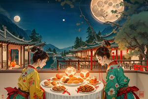 (Best quality, masterpiece, detailed details), Chinese illustration, Chinese traditional festivals, Mid-Autumn Festival, full moon background, many people, detailed details, emotional expressions, a family dinner, the moon, Chinese lanterns, a table of delicious food, Mid-Autumn Festival Festival, traditional culture, there are many people of different styles in the scene, some closer to the front, some closer to the back, full of hidden details, epic scenes, crazy photography 16K resolution,Meimei,1girl,isaku