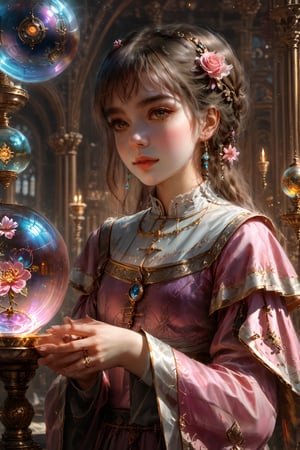 1girl, solo, (masterpiece), (absurdres:1.3), (ultra detailed), HDR, UHD, 16K, ray tracing, vibrant eyes, perfect face, award winning photo, beautiful, shiny skin, (highly detailed), clear face, teenage cute delicate girl, (shy blush:1.1), (high quality, high res, aesthetic:1.1), (dynamic action pose:1.3) ,slightly smile, lens flare, photo quality, big dream eyes, ((perfect eyes, perfect fingers)), iridescent brown hair, vivid color, perfect lighting, perfect shadow, realistic, stunning light, (atmosphere :1.6), nice hands, insane details ,high details ,kawaii, (extra wide shot: 1.8)  (Sharp focus realistic illustration:1.2), a giant glass sphere containing a small ecosystem, surrounded by measurement devices is installed in large-scale factory, a girl Priest stands next to the sphere, divine magic, sacred texts, ceremonial robes, incense, healing spells, blessing rituals, BREAK intricate illustrations, delicate linework, fine details, whimsical patterns, enchanting scenes, dreamy visuals, captivating storytelling, church and stain glass background, messy interior, book, elemental, feature,flower, ((pink gold style)),more detailnice hands, perfect fingers, dynamic posing, cute girl,flowers,rose, 1girl, holding stuff, epicDiP, slender hands,