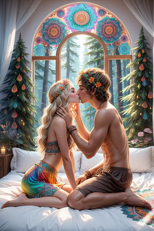 picture of a (girl and a boy kissing on the bed),  blonde boy,  sitting on the bed,  close up,  cheek hold,  faces close,  holding face,  cheek carassing, blushing,  innocent,  beautiful kiss,  sweet,  caring,  cute,  passionate,  intimate,  love,  positive,  jewerly,  casual cozy room,  full body,  great anatomy,  casual hippie attire,  relaxed,  mandalas, fantasy shapes and waves,  colorful,  mushroom decoration, good proportions, smooth skin, window with forest, (dynamic angle),  beautiful light,  high contrast,  highly detailed, 4k, 8k, HD,  crispy,  masterpiece, digital art,  beautiful,  high focus, very warm tones, (Beautifully Detailed Face and Fingers), (Five Fingers for Each Hand), (5fingers, detailed hand:1.2),(fine fingers, real hands, real fingers :1.5) ,brown eyes,sexy scenery, topless,fantasydi,More Reasonable Details