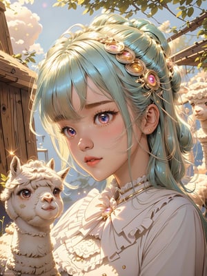 1girl, solo, best quality, ultra detailed, realistic, photorealistic:1.37 ,beautiful detailed eyes, beautiful detailed lips, (classical lolita costume:1.5), cute smile, (((play with cute alpaca))), ((surrounded by cute alpaca)) , magical aura, whimsical, colorful sunshine ,rays of sunlight peeping through the trees,soft dappled light,peaceful atmosphere,magical creatures,playing around,sparkling fairy dust,soft glow,x,y,z style painting,blending colors,vibrant hues,dreamlike scenery,Realism, (ultra detailed, ultra highres:1.1), Waist up portrait, 8K, UHD, (sparkling eyes:1.3), 
art by Jean-Gabriel Domergue, a cute teenage girl, digital art, a ultra hd detailed painting, Jean-Baptiste Monge style, bright, beautiful, splash, Glittering, cute and adorable, filigree, rim lighting, lights, extremely, magic, surreal, fantasy, digital art, by wlop, by artgerm, (junji ito style:1.3) , (Andrei Belichenko style:1.3), (extra wide shot:1.6), rosy skin, AgoonGirl,Sexy Women ,girl,glitter