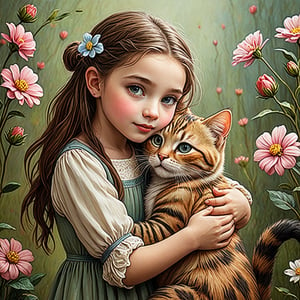 Whimsical folk art picture of a (little sweet girl) and (cat) hugging each other.
,Perfect skin