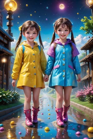 HDR, UHD, 16K, ultra detailed, (masterpiece, top quality, best quality, official art :1.2),( high res:1.2)(photorealistic:1.37), (sparkling eyes, perfect face), beautiful Two girls playing in puddles wearing rain boots. In the center of the puddles,  there is a clear reflection of the transparent water surface with bright light reflecting upon it. The girls are dressed in yellow raincoats and wearing boots,  allowing them to play in the puddles without getting wet. One of them is an energetic girl with her hair tied up in pigtails,  while the other has cute short twin tails. Holding hands,  they jump and frolic,  creating splashes of water. The weather is fine after the rain,  and a vibrant rainbow stretches across the background,  creating a joyful atmosphere,  Dark night,  wind blowing,  stary night,  night sky,  absurderes,  high resolution,  Ultra detailed backgrounds,  highly detailed hair,  Calm tones,  (Geometry:1.42), (Symmetrical background:1.4),  Photograph the whole body,  from below,  Backlighting of natural light,  falling petals,  the source of light is the moon light,  colorful wear,  (adorable difference face:1.4), (sharp focus:1.3), cyberpunk style,apex realistic XL