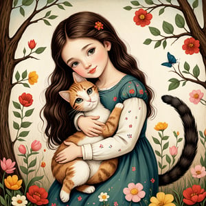 Whimsical folk art picture of a (little sweet girl) and (cat) hugging each other.
,Perfect skin