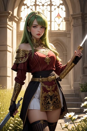 masterpiece, official art, ((ultra detailed)), (ultra quality), high quality, perfect face, A girl with long hair, blond-green hair with bangs, bronze eyes, detailed face, wearing a fancy ornate (((folk dress))), shoulder armor, armor, glove, hairband, hair accessories, striped, (holding the great weapon:1.6), jewelery, thighhighs, pauldrons, side slit, capelet, vertical stripes, looking at viewer, fantastical and ethereal scenery, daytime, church, grass, flowers. Intricate details, extremely detailed, incredible details, full colored, complex details, hyper maximalist, detailed decoration, detailed lines, best quality, HDR, dynamic lighting, perfect anatomy, realistic, more detail,
