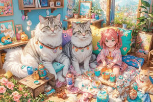 (best quality,ultra-detailed,cute animals,vivid colors,soft lighting,digital illustration,fluffy fur,playful expressions,adorable poses,dreamy atmosphere,colorful surroundings), (art by Makoto :1.5), digital art, child, cute cat, 16K, cool wallpaper, things, jasmine, pillows, clutter, toy, basket, wood, pot, can copper, garden yard, circle face, smile, sharp focus, HDR, Add more details