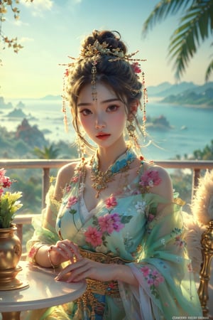 ultra detailed, (masterpiece, top quality, best quality, official art, perfect face:1.2), UHD, cinematic, (muted colors, dim colors), perfect face, perfect eyes, long-lenses photograph, realistic, 8K, 16K, with mountains and valleys, dynamic lighting, (1girl), in an outdoor restaurant overlooking the ocean, table has food and drinks, candles, vibrant colors, she is styling with a Hawaiian dress, detailed expressive eyes, bright mood lighting coconut tree, foliage, potted plants, treehouse, balcony, photorealistic, masterpiece, romance, Line art,Ancient Chinese style