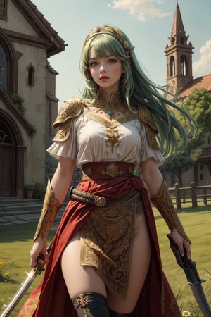 masterpiece, official art, ((ultra detailed)), (ultra quality), high quality, perfect face, A girl with long hair, blond-green hair with bangs, bronze eyes, detailed face, wearing a fancy ornate (((folk dress))), shoulder armor, armor, glove, hairband, hair accessories, striped, (holding the great weapon:1.5), jewelery, thighhighs, pauldrons, side slit, capelet, vertical stripes, looking at viewer, fantastical and ethereal scenery, daytime, church, grass, flowers. Intricate details, extremely detailed, incredible details, full colored, complex details, hyper maximalist, detailed decoration, detailed lines, best quality, HDR, dynamic lighting, perfect anatomy, realistic, more detail,
