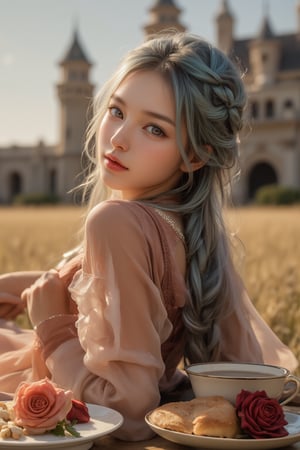 high resolution, (1 girl 15 years old), solo, ((extra wide shot)), Waist up portrait, (long hair:1.6), dynamic hair color, ((absurdly green and platinum hair, Twisted Crown Braid, with French braids)), garnet hair color, purple eyes, (ultra detailed), High quality shadow, 4K, ((beautiful face)), beautiful body, (beauty skin), best quality, ((masterpiece)), vintage end table, (Full fry breakfast on sunny morning food), (vintage tea cup with hot tea with steamed), extremely detailed cg, suggestive, (intricate details: 1.3), slim waist, (high quality wear and cloth), Ruffle Pleated Chiffon taffy dress, realistic, illustration, (outdoor), peacock, look at viewer, best ratio four finger and one thumb, ((behind view:1.6)), (sunrise in the field), ((arctic cloth color)), quality hand, High quality texture, a realistic representation of the face, (lie face down: 1.4), clear light, Red and peach roses in gold flower, ((an ancient fantasy city and castle background)), (Beautiful and clean nails), pearls, ornament, jewelry,