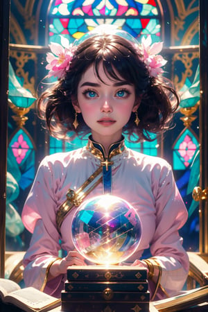 1girl, solo, (masterpiece), (absurdres:1.3), (ultra detailed), HDR, UHD, 16K, ray tracing, vibrant eyes, perfect face, award winning photo, beautiful, shiny skin, (highly detailed), clear face, teenage cute delicate girl, (shy blush:1.1), (high quality, high res, aesthetic:1.1), (dynamic action pose:1.3) ,slightly smile, lens flare, photo quality, big dream eyes, ((perfect eyes, perfect fingers)), iridescent brown hair, vivid color, perfect lighting, perfect shadow, realistic, stunning light, (atmosphere :1.6), nice hands, insane details ,high details ,kawaii, (extra wide shot: 1.8)

(Sharp focus realistic illustration:1.2), a giant glass sphere containing a small ecosystem, surrounded by measurement devices is installed in large-scale factory, a girl Priest stands next to the sphere, divine magic, sacred texts, ceremonial robes, incense, healing spells, blessing rituals, BREAK intricate illustrations, delicate linework, fine details, whimsical patterns, enchanting scenes, dreamy visuals, captivating storytelling, church and stain glass background, messy interior, book, elemental, feature, holding stuff,flower, ((pink gold style)),Add more details,Ultra details++ 