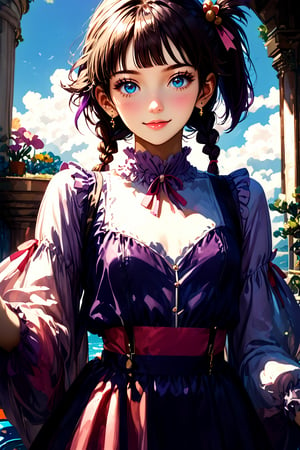 score_9_up, score_8_up, score_7_up, masterpiece, official art, ((ultra detailed)), Masterpiece, beautiful details, perfect focus, 8K, high resolution, exquisite texture in every detail, 1girl, solo, looking at viewer, blush, smile, bangs, blue eyes, hair ornament, purple hair, hair rings, twin braids, (Realistic: 1.2), (illustration: 1.2), dramatic shadows, (dramatic lighting:1.1), masterpiece, best quality, ultra-realistic, ultra detailed, ultra detailed face, hyper extreme detailed body, finely detailed beautiful eyes and face, high resolution, UHD, (((perfect anatomy))), perfect hands, ((perfect fingers)), perfect body, (Highly detailed scenery:1.1), Highly detailed background, depth of field, dramatic, atmospheric, kawaii, ((1girl, Asian)), ((10 years old)), cute child, cameltoe, ((jirai fashion with pink and red, skirt, ribbon, hair ribbon, suspenders, detached sleeves, pink ribbon, purple suspender skirt, white frilled shirt)), outdoor, beautiful sky, waving arm, illuminated face, dynamic scenery, boat, ((pillar)), happy smile, (brown hair, blue eyes: 1.3), plait hair, ribbon, choker, (side ponytail :1.3), (dynamic pose: 1.3), backlighting, side lighting, lifted skirt, under below, flowers, botanical, potted plant, petals, blue sky, sunlight, river, splashing water, reflection, balloon in sky, white cloud, garden sharp focus, HDR, Add more details, Architecture, full juicy lips, (kawaii face),