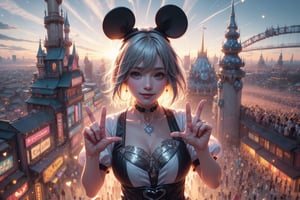 (best quality),(masterpiece:1.1),(extremely detailed CG unity wallpaper:1.1), (colorful:1.2),(panorama shot:1.4),looking at viewer,from above,2 girls ,15yo, (Disney cosplay :1.4), (Disney land Tokyo background :1.4), adorable hair, fun, smile, flowers (innocent grey), 16K, UHD, HDR, rose, twilight, perfect shadow, (perfect fingers :1.4), perfect face, five fingers for each hand, (heart hands pose :1.4), FANTASY ,beehive fireworks, ribbon choker, puffy short sleeves, magical girl