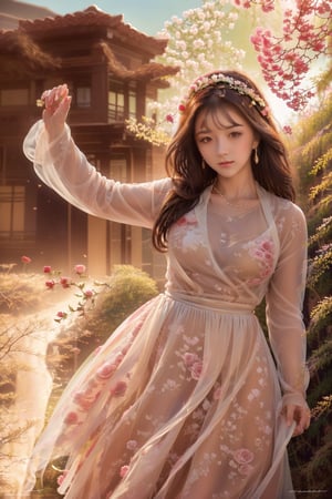 ultra detailed,  (masterpiece,  top quality,  best quality,  official art,  perfect face:1.2), HDR, UHD,(cinematic, azure and light pink:0.85), 32K, (Beautifully Detailed Face and Fingers), (Five Fingers) Each Hand,  (muted colors,  dim colors),  falling petals,  red roses , happiness, (dynamic action pose :1.4), chiffon dress, vanilla dress, (full field roses :1.4), (((with a teddy bear))), (yellow-pink sky :1.2), cute_girl,flowers,rose,Line art,1girl,Phoenix dress,Exquisite face,cute girl