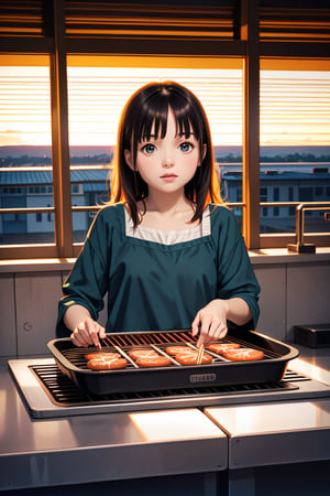 A cinematic masterpiece of a shot, captured with ultra high-resolution precision. A stunning fashionista stands amidst mountains and valleys, her long, shiny hair blowing gently in the wind. Her perfect eyes and face are sharply focused, bathed in warm, muted light. In the background, a shelf is laden with an assortment of seafood, with yakiniku skewers sizzling on the grill. The overall color palette features taffy, mint, Celeste, and buttermilk hues, evoking a sense of freshness and vitality. Every detail, from her perfect hands to the intricate CG rendering, is photorealistic and ultra detailed.