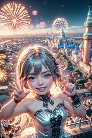 (best quality),(masterpiece:1.1),(extremely detailed CG unity wallpaper:1.1), (colorful:1.2),(panorama shot:1.4),looking at viewer,from above,2 girls ,15yo, (Disney cosplay :1.4), (Disney land Tokyo background :1.4), adorable hair, fun, smile, flowers (innocent grey), 16K, UHD, HDR, rose, twilight, perfect shadow, (perfect fingers :1.4), perfect face, five fingers for each hand, (heart hands pose :1.4), FANTASY ,beehive fireworks