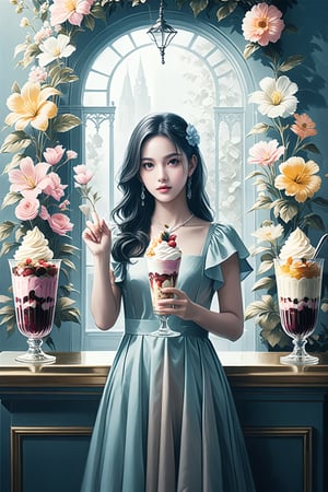 high contrast, highly detailed, 4k, 8k, HD,  digital art, ultra detailed, (masterpiece, top quality, best quality, official art, perfect face:1.2), UHD, (cinematic, azure and light pink:0.85), 32K, (Beautifully Detailed Face and Fingers), (muted colors, dim colors), vanilla dress, young beautiful girl, dynamic posing, art, 1girl, pop culture modern aesthetic cafe, bright, (flower wall:2), (parfait, dessert :1.4), (Five Fingers for Each Hand), (5fingers, detailed hand:1.2),(fine fingers, real hands, real fingers :1.5),More Details