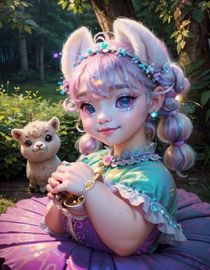 (masterpiece, best quality), (absurdres:1.3), (ultra detailed, ultra highres:1.1), 8K, UHD, realistic,photorealistic:1.37 ,beautiful detailed eyes,beautiful detailed lips , (classical lolita costume:1.5), slightly smile, (((with cute baby alpaca))) , magical aura, whimsical, colorful sunshine ,rays of sunlight peeping through the trees,soft dappled light,peaceful atmosphere,magical creatures,playing alpaca, sparkling fairy dust,soft glow,x,y,z style painting,blending colors,vibrant hues,dreamlike scenery,Realism, (sparkling eyes:1.3), art by Jean-Gabriel Domergue, a cute teenage, 1girl, (15yo, child face), a ultra hd detailed painting, Jean-Baptiste Monge style, bright, beautiful, splash, Glittering, filigree, rim lighting, extremely fluffy, magic, surreal, fantasy, digital art, by wlop, by artgerm, (junji ito style:1.3) , (Andrei Belichenko style:1.3), (extra wide shot:1.6), smooth skin, mgln,cryptids,realism