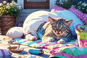 (best quality,ultra-detailed,cute animals,vivid colors,soft lighting,digital illustration,fluffy fur,playful expressions,adorable poses,dreamy atmosphere,colorful surroundings), (art by Makoto :1.5), digital art, child, cute cat, 16K, cool wallpaper, things, jasmine, pillows, clutter, toy, basket, wood, pot, can copper, garden yard, circle face, smile, sharp focus, HDR,Cosplay,onitsuka_natsumi_lovelivesuperstar,Add more details