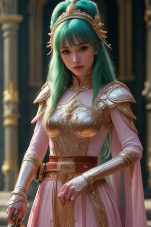 (masterpiece), (absurdres:1.3), (ultra detailed), HDR, UHD, 16K, ray tracing, vibrant eyes, perfect face, award winning photo, 1 girl with long hair, blond-green hair with bangs, bronze eyes, detailed face, wearing a fancy ornate (((folk dress))), shoulder armor, armor, glove, hairband, hair accessories, striped, (holding the great weapon:1.7), jewelery, thighhighs, pauldrons, side slit, capelet, vertical stripes, looking at viewer, fantastical and ethereal scenery, daytime, church, grass, flowers. Intricate details, extremely detailed, incredible details, full colored, complex details, hyper maximalist, detailed decoration, detailed lines, best quality, dynamic lighting, perfect anatomy, realistic, more detail, ,Architect, shiny skin, (shy blush:1.1), (dynamic action pose:1.3) ,slightly smile, lens flare, photo quality, big dream eyes, ((perfect eyes, perfect fingers)) ,kawaii, (Sharp focus realistic illustration:1.2), holding stuff, 