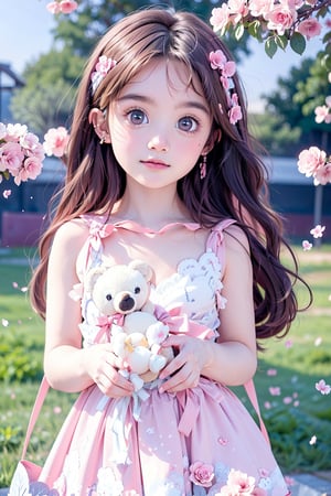 ultra detailed,  (masterpiece,  top quality,  best quality,  official art,  perfect face:1.2),  UHD,(cinematic,  azure and light pink:0.85),  (muted colors,  dim colors),  falling petals,  red roses , happiness, (wearing trendy fashion:1.4), chiffon sheer dress vanilla, (full field roses :1.4), (((hold a teddy bear))), dynamic posing, tree house, park, swing, cute_girl, pastel flowers , lilac, rose, Line art,1girl, Light master