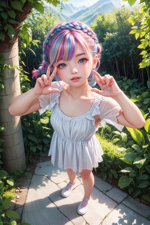 (best quality),(masterpiece:1.1),(extremely detailed CG unity wallpaper:1.1), (colorful cloth :1.3),(panorama shot:1.4),looking at viewer, from above, high res, detailed face, detailed eyes, 1 girl, solo, short-bob roughtly cut and two braided hair-bangs tied behind her head, cute hairstyle, full body, mountain forest , outdoors, (perfect fingers :1.4), perfect face, five fingers for each hand, (photo shoot pose :1.4), fantasy,Exquisite face,wendy (wendys),ladybug