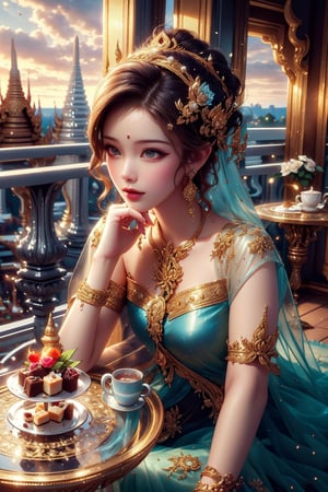 1girl, perfect face, (best quality, masterpieces:1.3), (beautiful and aesthetic:1.2), colorful, dynamic angle, (Realistic:1.4), illustration, (high quality:1.3), (ultra detailed, ultra highres), 32K, (Beautifully Detailed Face and Fingers), (Five Fingers) Each Hand, sharp focus, professional dslr photo, photoreal, Thai house style, (the balcony outside the room, table with hot tea, Thai food style, sweet desserts :1.5), See the evening view, forehead jewel, rose jewelry, volumetric fx, ray tracing, (((intricate detailed))), extremely detailed CG, (hyper realism, soft light, dramatic light, sharp, HDR), nice hands, perfect image, vivid color, (official art, extreme detailed, highest detailed), (dynamic action pose :1.4),more detailed, colorful sky azure and crimson, 1girl, cute hair bun style, (((Thailand dress costume))), Wonder of Art and Beauty, Romantic tone, ,best quality,Dream, long skirt, cute