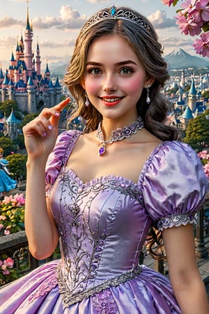 (best quality),(masterpiece:1.1),(extremely detailed CG unity wallpaper:1.1), (colorful:0.9),(panorama shot:1.4),upper body,looking at viewer,from above,2 girls ,15yo, (Disney princess costume:1.6), (Disney land Tokyo background :1.4), fun, smile, flowers (innocent grey), 16K, UHD, HDR, rose, twilight, perfect shadow, perfect fingers, perfect face, (dynamic funny pose :1.4),portrait,style,2b-Eimi,extremely detailed