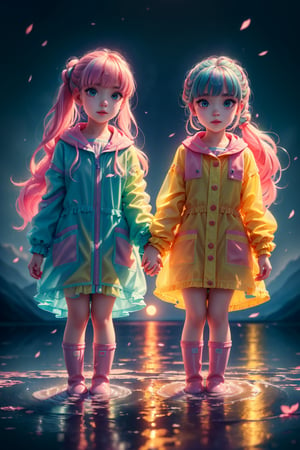 ultra detailed, (masterpiece, best quality:1.4), (extremely detailed, 8k), natural light, ( top quality, official art, beautiful and aesthetic:1.2), (photorealistic:1.37), UHD, HDR, 16K, 8K, beautiful girl, sharp focus, Two girls playing in puddles wearing rain boots. In the center of the puddles,  there is a clear reflection of the transparent water surface with bright light reflecting upon it. The girls are dressed in yellow raincoats and wearing boots,  allowing them to play in the puddles without getting wet. One of them is an energetic girl with her hair tied up in pigtails,  while the other has cute short twin tails. Holding hands,  they jump and frolic, creating splashes of water. The weather is fine after the rain,  and a vibrant rainbow stretches across the background, creating a joyful atmosphere, Dark night, wind blowing,  stary night, night sky, absurderes,  high resolution, Ultra detailed backgrounds,  highly detailed hair, Calm tones,  (extremely detailed background:1.4) , from below , Backlighting of natural light, falling petals, 
the source of light is the moon light, colorful wear,  (adorable difference face:1.4),Detailedface, colorful_girl