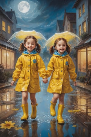 ultra detailed, (masterpiece, top quality, best quality, official art, beautiful and aesthetic:1.2),  Two girls playing in puddles wearing rain boots. In the center of the puddles,  there is a clear reflection of the transparent water surface with bright light reflecting upon it. The girls are dressed in yellow raincoats and wearing boots,  allowing them to play in the puddles without getting wet. One of them is an energetic girl with her hair tied up in pigtails,  while the other has cute short twin tails. Holding hands,  they jump and frolic,  creating splashes of water. The weather is fine after the rain,  and a vibrant rainbow stretches across the background,  creating a joyful atmosphere,  Dark night,  wind blowing,  stary night,  night sky,  absurderes,  high resolution,  Ultra detailed backgrounds,  highly detailed hair,  Calm tones,  (Geometry:1.42),  (Symmetrical background:1.4),  Photograph the whole body,  from below,  Backlighting of natural light,  falling petals,  the source of light is the moon light,  colorful wear,  (adorable difference face:1.4), (sharp focus:1.3), cyberpunk style,xxmixgirl, in the style of esao andrews,esao andrews style,esao andrews art