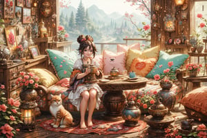 (best quality,ultra-detailed,cute animals,vivid colors,soft lighting,digital illustration,fluffy fur,playful expressions,adorable poses,dreamy atmosphere,colorful surroundings), (art by Makoto :1.5), (hair bun, cute hair), digital art, child, cute cat, 16K, cool wallpaper, things, jasmine, pillows, clutter, toy, basket, wood, pot, can copper, garden yard, circle face, smile, sharp focus, HDR, Add more details