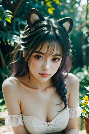 Masterpiece, beautiful details, perfect focus, 8K, high resolution, exquisite texture in every detail, 1girl, solo, looking at viewer, blush, smile, bangs, blue eyes, hair ornament, purple hair, hair rings, twin braids, hair flower, hair ribbon, hair between eyes, (best quality,ultra-detailed,cute animals,vivid colors,soft lighting,digital illustration,fluffy fur,playful expressions,adorable poses,dreamy atmosphere, colorful surroundings), (art by Makoto :1.5), digital art, child, cute cat, 16K, cool wallpaper, things, jasmine, pillows, clutter, toy, basket, wood, pot, can, copper, garden yard, smile, sharp focus, HDR,Add more details,Albafantasy