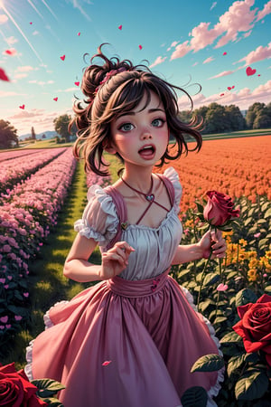 rose in object,  ultra detailed,  (masterpiece,  top quality,  best quality,  official art,  perfect face:1.2),  UHD,(cinematic,  azure and light pink:0.85),  (muted colors,  dim colors),  falling petals, purple roses , multicolor rose, happiness, (action hearts:1.4), (full field roses :1.4) , in Flower recreation Vehicle,motorhome, flowers,rose, 