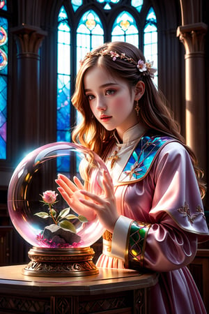 1girl, solo, (masterpiece), (absurdres:1.3), (ultra detailed), HDR, UHD, 16K, ray tracing, vibrant eyes, perfect face, award winning photo, beautiful, shiny skin, (highly detailed), clear face, teenage cute delicate girl, (shy blush:1.1), (high quality, high res, aesthetic:1.1), (dynamic action pose:1.3) ,slightly smile, lens flare, photo quality, big dream eyes, ((perfect eyes, perfect fingers)), iridescent brown hair, vivid color, perfect lighting, perfect shadow, realistic, stunning light, (atmosphere :1.6), nice hands, insane details ,high details ,kawaii, (extra wide shot: 1.8)  (Sharp focus realistic illustration:1.2), a giant glass sphere containing a small ecosystem, surrounded by measurement devices is installed in large-scale factory, a girl Priest stands next to the sphere, divine magic, sacred texts, ceremonial robes, incense, healing spells, blessing rituals, BREAK intricate illustrations, delicate linework, fine details, whimsical patterns, enchanting scenes, dreamy visuals, captivating storytelling, church and stain glass background, messy interior, book, elemental, feature,flower, ((pink gold style)),more detailnice hands, perfect fingers, dynamic posing, cute girl,flowers,rose,Line art,1girl,aanozomi,pink theme,zlzzlz,yuzuriha,fantasydi