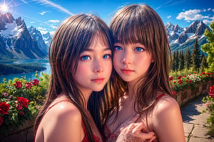 (ultra detailed, ultra highres), (masterpiece, top quality, best quality, official art :1.4), (high quality:1.3), cinematic, (muted colors, dim colors), (perfect eyes, perfect face:1.3), long-lenses photograph, realistic, UHD, 16K, 8K, warm glow, with mountains and valleys, sun and the moon skimpy silhouettes romantically kissing in the sky that is both day wand night , heart, (Roses, flowers :1.3), stunning light, wind is blowing, sharp focus, extremely detailed CG, (perfect hands, perfect fingers, nice hands), photorealistic, casual wear, (1girl with shiny long hair:1.4), (1boy with short hair style :1.4), couple, ,wrenchfaeflare,t5_face