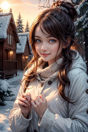 perfect face, (best quality, masterpieces:1.3), (beautiful and aesthetic:1.2), colorful, dynamic angle, (Realistic:1.4), illustration, (high quality:1.3), (ultra detailed, ultra highres), 32K, (Beautifully Detailed Face and Fingers), (Five Fingers) Each Hand, sharp focus, professional dslr photo, photoreal, 1girl , kawaii, (masterpiece, best quality official art :1.2), (best quality:1.05), 1girl, winter clothes, detailed clothes, high quality winter clothes, intricate detail, mittens, smiling, cold, forest village, snow, snowing, sun rays, shining, dawn, setting sun, orange eyes, white winter jacket, dynamic lighting, intricate detail, nice hand, nice fingers, volumetric fx, ray tracing, (((intricate detailed))), extremely detailed CG, (hyper realism, soft light, dramatic light, sharp, HDR), perfect image, vivid color, (official art, extreme detailed, highest detailed),