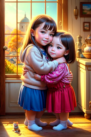 Whimsical folk art picture of a (little girl) and (cat) hugging each other.
,Perfect skin,
(masterpiece,more detail:1.1), (best quality:1.3), 
,photorealistic