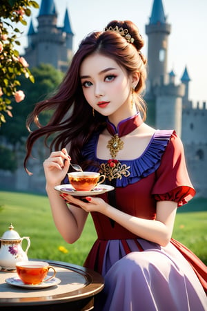 high resolution, (1 girl 15 years old), solo, ((extra wide shot)), Waist up portrait, (long hair:1.6), (hair bun), garnet hair color, purple eyes, (ultra detailed), High quality shadow, 4K, ((beautiful face)), beautiful body, (beauty skin), best quality, ((masterpiece)), vintage end table, (Full fry breakfast on sunny morning food), (vintage tea cup with hot tea with steamed), extremely detailed cg, suggestive, (intricate details: 1.3), slim waist, (high quality wear and cloth), Ruffle Pleated Chiffon taffy dress, realistic, illustration, (outdoor), peacock, look at viewer, best ratio four finger and one thumb, ((behind view:1.6)), (sunrise in the field),  ((arctic cloth color)), quality hand, High quality texture, a realistic representation of the face, (lie face down: 1.4), clear light, Red and peach roses in gold flower, ((an ancient fantasy city and castle background)), (Beautiful and clean nails), pearls, ornament