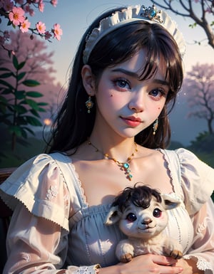 (masterpiece, best quality), (absurdres:1.3), (ultra detailed, ultra highres:1.1), 8K, UHD, realistic,photorealistic:1.37 ,beautiful detailed eyes,beautiful detailed lips , (classical lolita costume:1.5), slightly smile, (((with cute baby alpaca))) , magical aura, whimsical, colorful sunshine ,rays of sunlight peeping through the trees,soft dappled light,peaceful atmosphere,magical creatures,playing alpaca, sparkling fairy dust,soft glow,x,y,z style painting,blending colors,vibrant hues,dreamlike scenery,Realism, (sparkling eyes:1.3), art by Jean-Gabriel Domergue, a cute teenage, 1girl, (15yo, child face), a ultra hd detailed painting, Jean-Baptiste Monge style, bright, beautiful, splash, Glittering, filigree, rim lighting, extremely fluffy, magic, surreal, fantasy, digital art, by wlop, by artgerm, (junji ito style:1.3) , (Andrei Belichenko style:1.3), (extra wide shot:1.6), smooth skin ,cryptids,realism